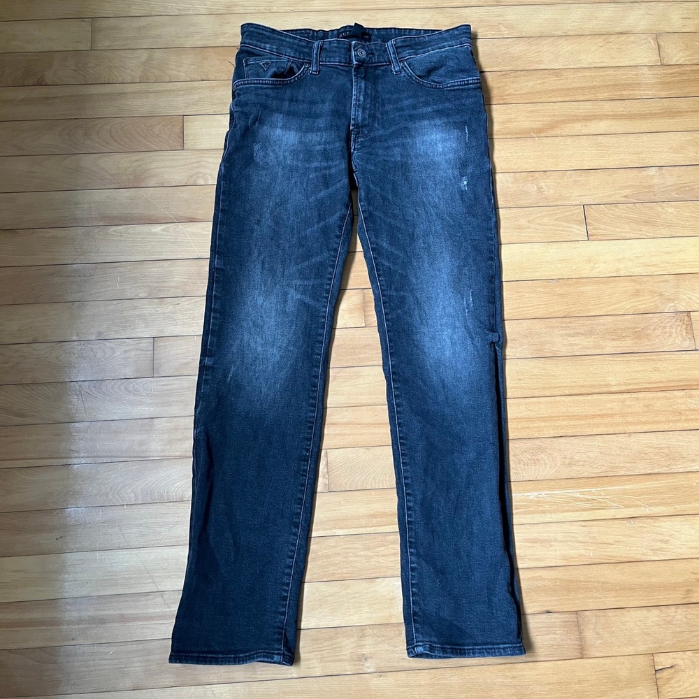 Guess Los Angeles Mens Slim Straight Jeans Faded Black Distressed Denim Size 32